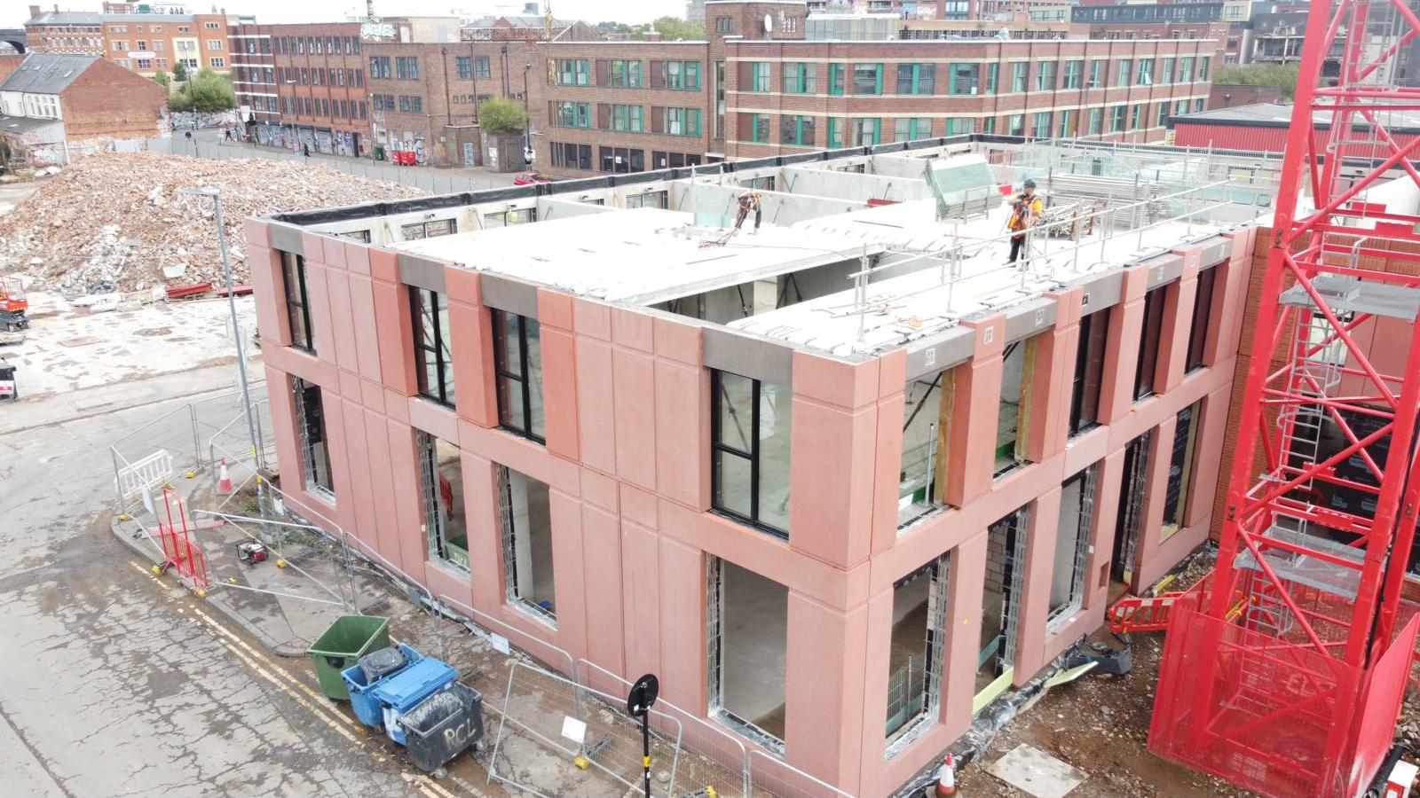 Close aerial view of cladding and window installation at Smithfield